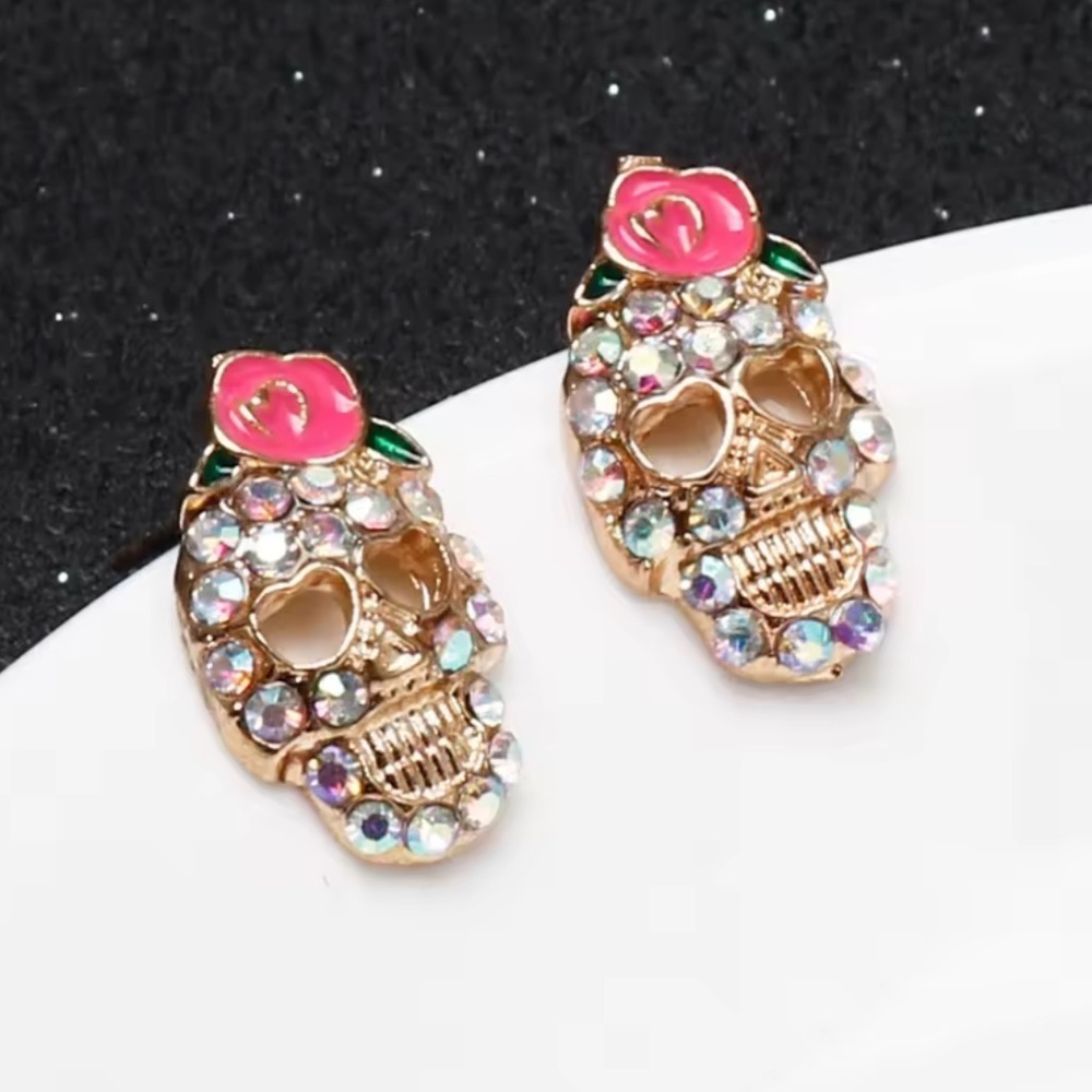 Halloween Skeleton Gold Crystal Earrings - Picture 9 of 13